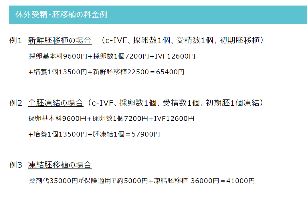 体外受精・胚移植の料金例 例1　新鮮胚移植の場合　（c-IVF、採卵数1個、受精数1個、初期胚移植） 　　　 採卵基本料9600円+採卵数1個7200円+IVF12600円 　　　　+培養1個13500円+新鮮胚移植22500＝65400円 例2　全胚凍結の場合（c-IVF、採卵数1個、受精数1個、初期胚1個凍結） 　　　　採卵基本料9600円+採卵数1個7200円+IVF12600円 　　　　+培養1個13500円+胚凍結1個＝57900円 例3　凍結胚移植の場合 　　　 薬剤代35000円が保険適用で約5000円+凍結胚移植 36000円＝41000円